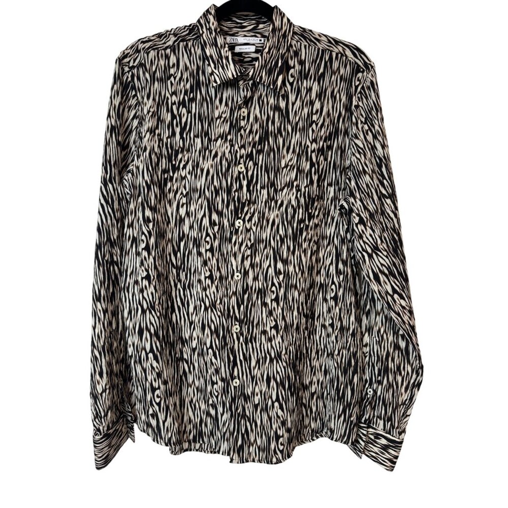 2/$30 Zara Size M Womens Zebra Choc Brown Black Ivory Print Button-Up Blouse